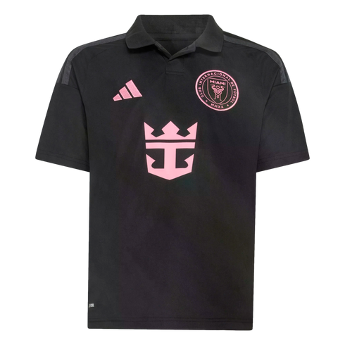 A black Inter Miami CF soccer jersey with pink accents, featuring the Adidas logo, team crest, and Royal Caribbean sponsor logo. It has a black polo collar.