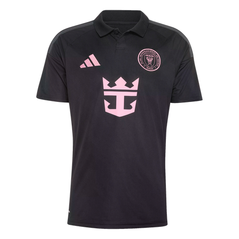 Black Inter Miami CF soccer jersey with pink accents, including the Adidas logo, team crest, and Royal Caribbean sponsor logo in the center.