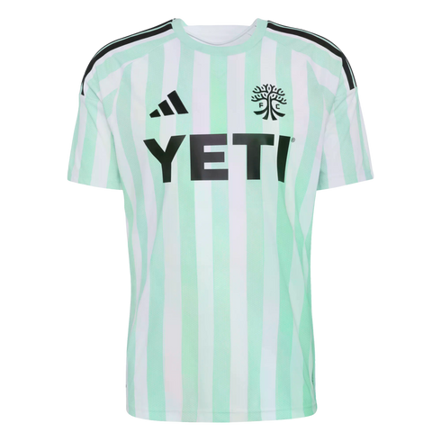 Austin FC soccer jersey featuring mint green and white vertical stripes, a black Adidas logo, the team's tree crest, and "YETI" sponsor logo across the chest.