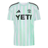 Austin FC soccer jersey featuring mint green and white vertical stripes, a black Adidas logo, the team's tree crest, and "YETI" sponsor logo across the chest.
