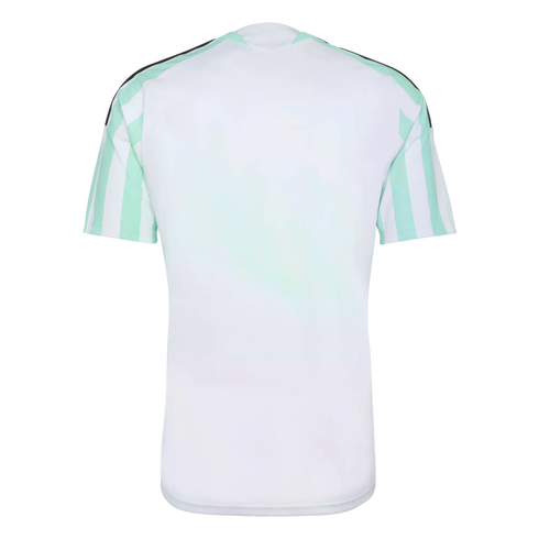 Back view of a short-sleeved white jersey with light green and white vertical stripes on the sleeves and light green shoulder panels.