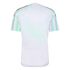 Back view of a short-sleeved white jersey with light green and white vertical stripes on the sleeves and light green shoulder panels.