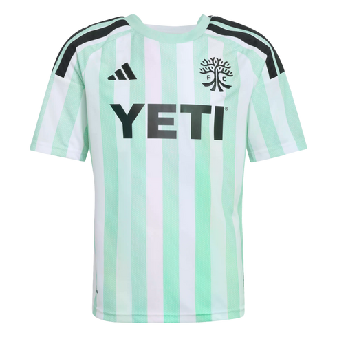 Austin FC soccer jersey with mint green and white vertical stripes, black shoulder stripes, and black Adidas, team crest, and YETI logos.