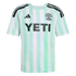 Austin FC soccer jersey with mint green and white vertical stripes, black shoulder stripes, and black Adidas, team crest, and YETI logos.