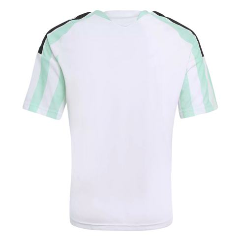 Back of a white short-sleeved jersey featuring mint green and white striped sleeves and black shoulder accents.