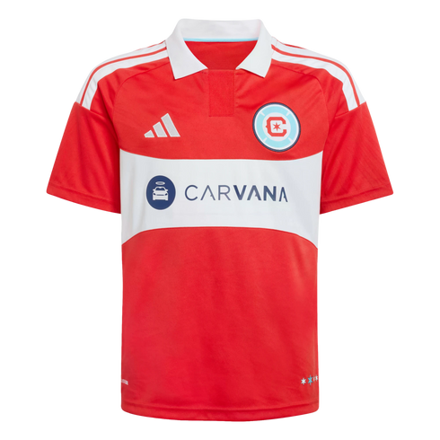 Red Chicago Fire soccer jersey with a white horizontal band across the chest. Features a white polo collar, Adidas logo, team crest, and the Carvana sponsor logo.