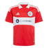 Red Chicago Fire soccer jersey with a white horizontal band across the chest. Features a white polo collar, Adidas logo, team crest, and the Carvana sponsor logo.
