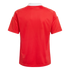 Back view of a red short-sleeved sports jersey with a white collar and white shoulder stripes against a black background.