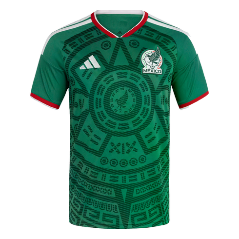 A green Mexico national football team jersey by Adidas featuring an intricate tonal Aztec-inspired pattern, white shoulder stripes, and the official team crest.