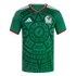 A green Mexico national football team jersey by Adidas featuring an intricate tonal Aztec-inspired pattern, white shoulder stripes, and the official team crest.