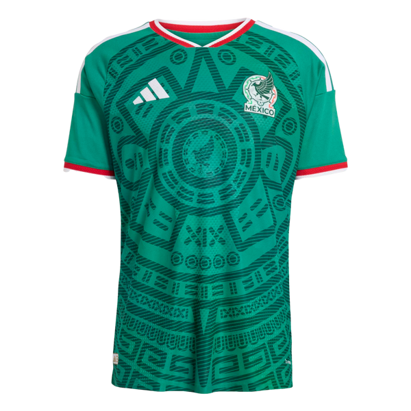 A green Mexico soccer jersey with an intricate dark green Aztec-style pattern, white Adidas logo, Mexico crest, and red and white trim on the collar and sleeves.