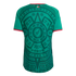 Back of a green Mexico national team soccer jersey featuring a large, intricate Aztec-inspired tonal pattern and red and white trim on the collar and sleeves.