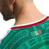 Close-up of the back of a green Mexico soccer jersey featuring a "SOMOS MÉXICO" badge below a red and white collar.