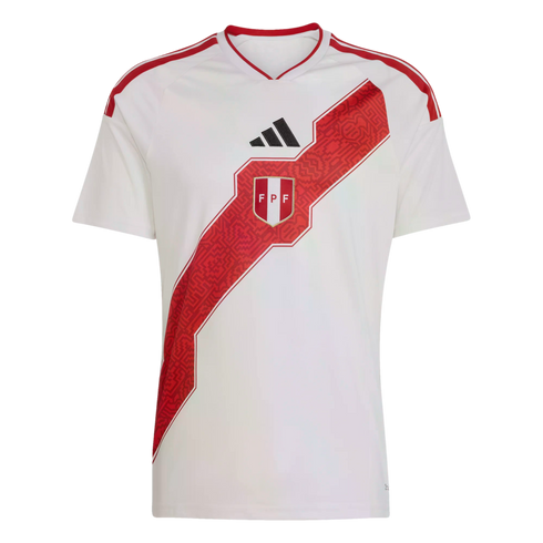 White Peru soccer jersey with a patterned red diagonal sash featuring the FPF crest, red shoulder stripes, and a black Adidas logo.