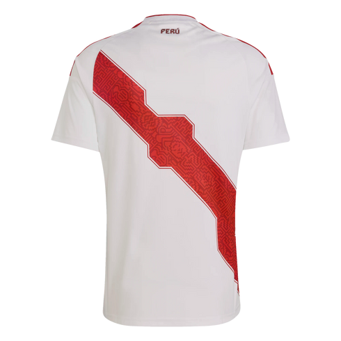 Back view of a white Peru national football team jersey featuring a patterned red diagonal sash and "PERÚ" on the upper back.
