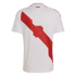 Back view of a white Peru national football team jersey featuring a patterned red diagonal sash and "PERÚ" on the upper back.