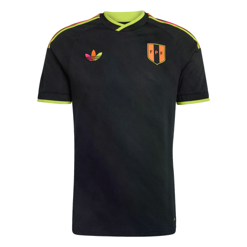 Black Adidas jersey with neon green collar and cuffs. Features a multicolored trefoil logo, an orange "FPF" shield, and orange and yellow stripes on the shoulders.