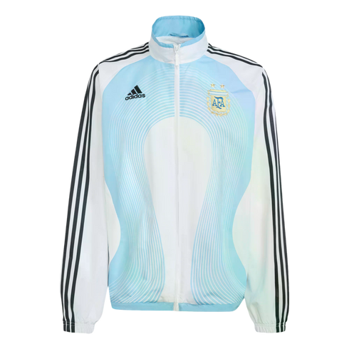 An Adidas Argentina track jacket in white and light blue, featuring the national team's crest and black three-stripes on the sleeves.