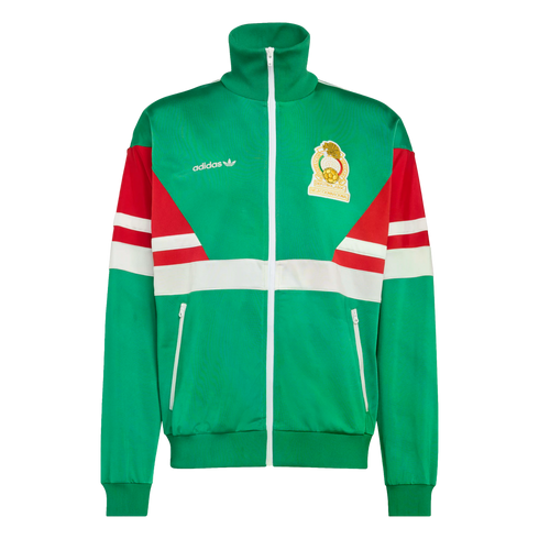 Green Adidas Mexico track jacket featuring red and white geometric panels, a white full-length zipper, and the gold national team crest on the left chest.
