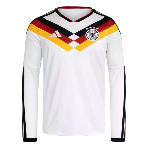 A long-sleeve white Germany home football jersey featuring black, red, and yellow chevron patterns across the chest, the Adidas logo, and the national team crest.