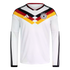 A long-sleeve white Germany home football jersey featuring black, red, and yellow chevron patterns across the chest, the Adidas logo, and the national team crest.