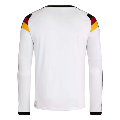 Back view of a white long-sleeved Germany national football team jersey with the black, red, and yellow colors of the German flag on the shoulders.