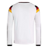 Back view of a white long-sleeved Germany national football team jersey with the black, red, and yellow colors of the German flag on the shoulders.