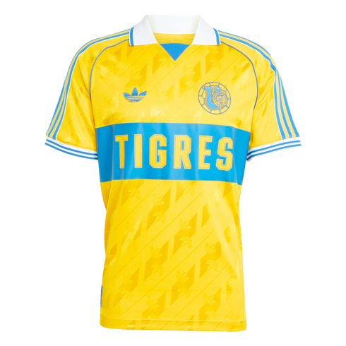 Retro yellow Tigres soccer jersey with a blue horizontal band across the chest featuring "TIGRES" in yellow letters, a white polo collar, and blue Adidas stripes on the shoulders.