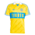 Retro yellow Tigres soccer jersey with a blue horizontal band across the chest featuring "TIGRES" in yellow letters, a white polo collar, and blue Adidas stripes on the shoulders.