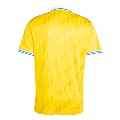 Back view of a yellow Adidas soccer jersey with a subtle diagonal logo pattern and blue and white striped trim on the collar and sleeve cuffs.