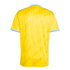 Back view of a yellow Adidas soccer jersey with a subtle diagonal logo pattern and blue and white striped trim on the collar and sleeve cuffs.