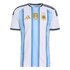 White and light blue striped Argentina soccer jersey by Adidas, featuring the AFA crest with three stars and the gold FIFA World Champions 2022 badge in the center.