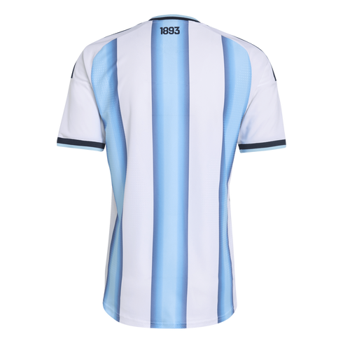 Back view of a white and light blue vertically striped soccer jersey with "1893" printed at the top center.