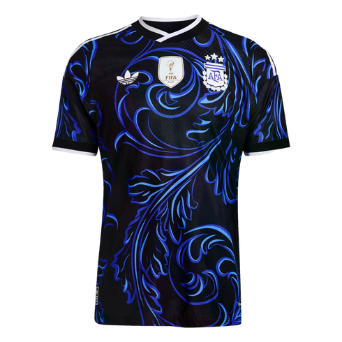 Black Argentina soccer jersey with ornate blue swirling patterns, featuring the AFA crest, FIFA World Champions patch, and white Adidas trefoil logo.