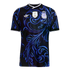 Black Argentina soccer jersey with ornate blue swirling patterns, featuring the AFA crest, FIFA World Champions patch, and white Adidas trefoil logo.