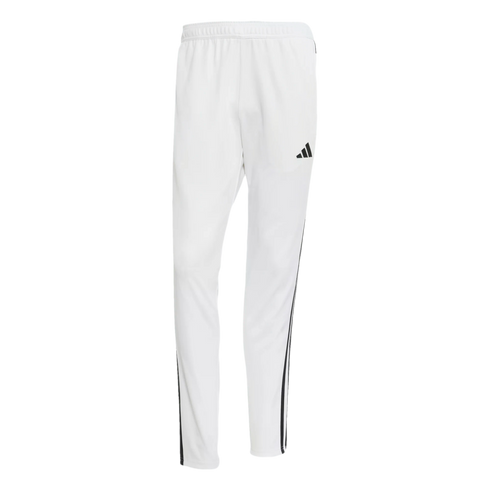 A pair of white Adidas track pants featuring a black logo on the right thigh and black stripes along the lower side of each leg.