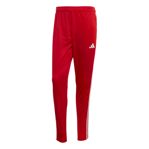 Red Adidas track pants featuring three white stripes down the sides and a white logo on the left thigh.