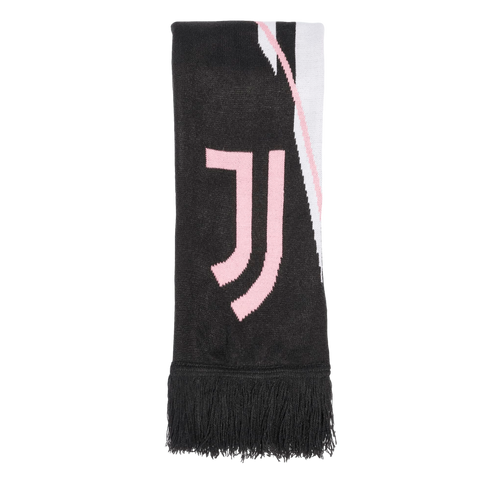 Black Juventus scarf with a large pink "JJ" logo and fringed edges. A white and pink stripe design runs vertically on one side.