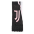 Black Juventus scarf with a large pink "JJ" logo and fringed edges. A white and pink stripe design runs vertically on one side.
