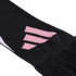 Close-up of a black knit scarf featuring a pink three-stripe logo and black fringe at the end.