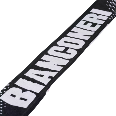 A black knit scarf featuring the word "BIANCONERI" in large, bold white block letters.