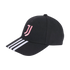 Black baseball cap featuring a pink Juventus logo on the front and three white Adidas stripes on the brim.