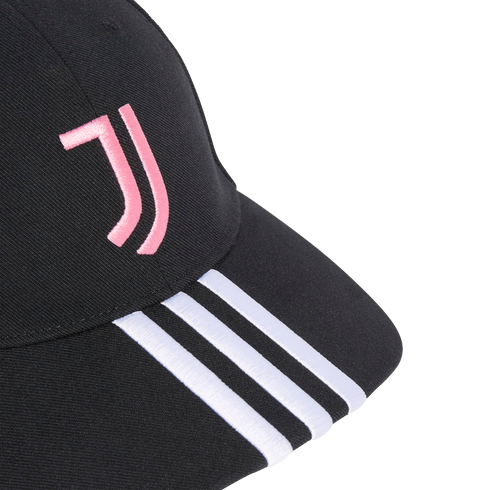 A black baseball cap with a pink embroidered Juventus logo on the front and three white stripes on the brim.