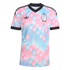 Adidas Belgium soccer jersey with a pastel pink and light blue geometric pattern, black V-neck collar and sleeve cuffs, and the team crest.