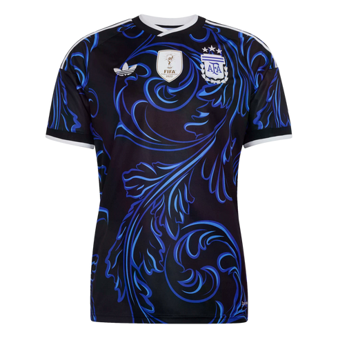Black Adidas Argentina soccer jersey with ornate blue scrolling patterns, featuring the AFA three-star crest and the FIFA World Champions 2022 badge.