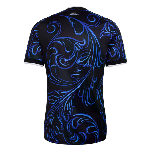 Back view of a black soccer jersey featuring a large, vibrant blue filigree pattern. It includes a small white Argentina logo below the collar and white trim on the short sleeve cuffs.