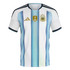 Argentina national team home jersey by Adidas featuring light blue and white stripes, three stars above the crest, and a gold FIFA World Champions 2022 patch.