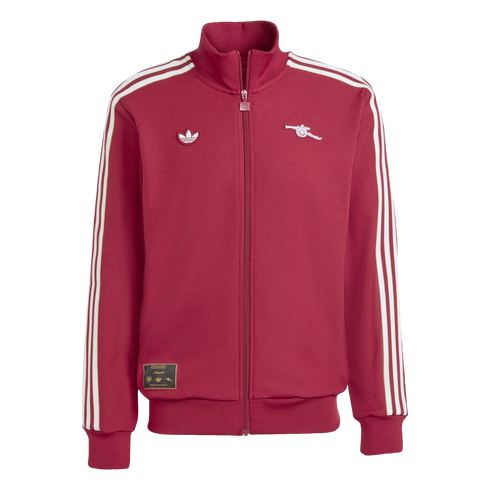 Maroon Adidas x Arsenal track jacket with white stripes on the sleeves, a trefoil logo, and the Arsenal cannon emblem on the chest.
