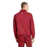 Back view of a man wearing a burgundy tracksuit with white side stripes and a small white logo on the upper back, set against a solid black background.