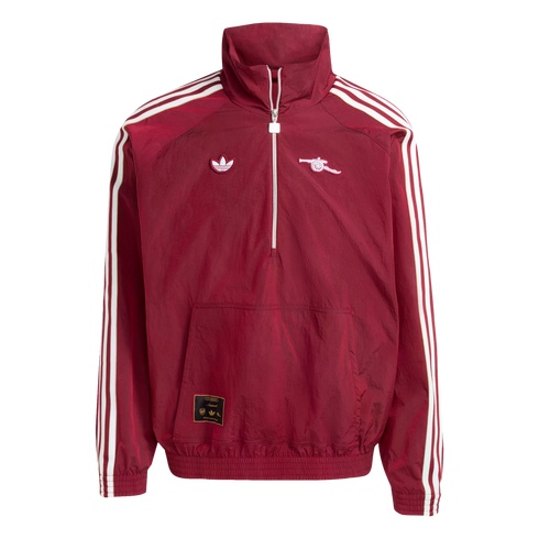 Maroon Adidas x Arsenal half-zip track jacket with white sleeve stripes. Features Trefoil logo, cannon crest, and kangaroo pocket against a black background.